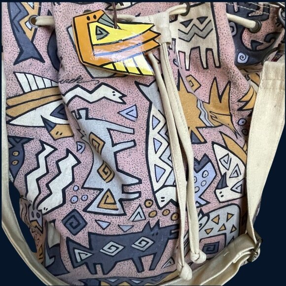 Laurel Burch Canvas Shoulder Tote BUcket Bag Purse Tribal Animal Bamboo Handle - Picture 6 of 9